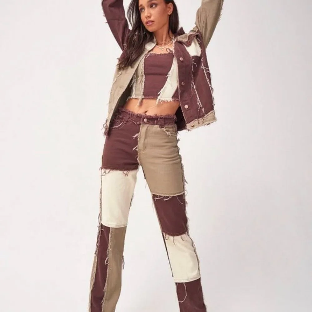 Jaded London Womens High Waisted Brown Patchwork Denim Jeans Pants NWT